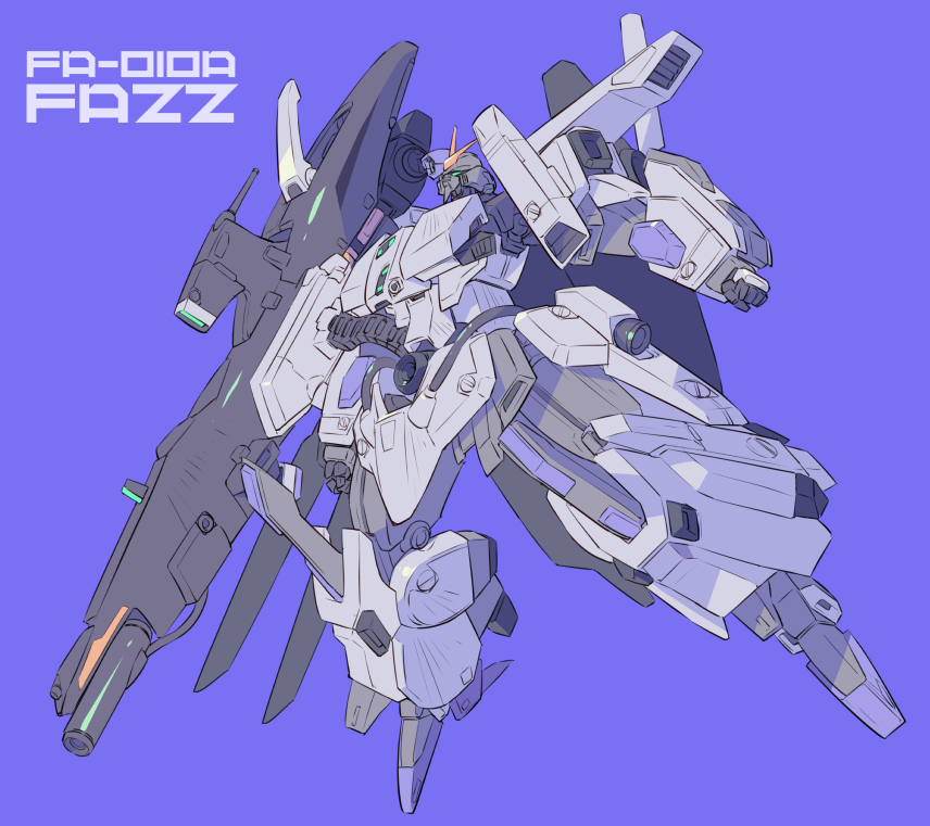 beam_cannon beam_rifle cannon character_name commentary_request earth_federation energy_gun fazz_(gundam) gundam gundam_sentinel machinery mecha mecha_focus mk-5 mobile_suit no_humans purple_background robot science_fiction shoulder_cannon sketch v-fin weapon