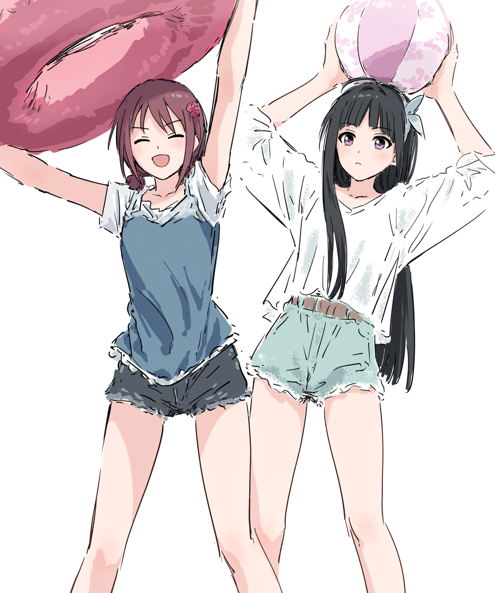 2girls ahoge awa_subaru ball beachball black_hair black_shorts blue_shirt blue_shorts brown_hair bullfalk closed_mouth girls_band_cry highres holding holding_ball holding_beachball holding_swim_ring innertube iseri_nina long_hair low_twintails multiple_girls open_mouth purple_eyes shirt short_hair short_sleeves short_twintails shorts simple_background swim_ring three-quarter_sleeves twintails white_background white_shirt