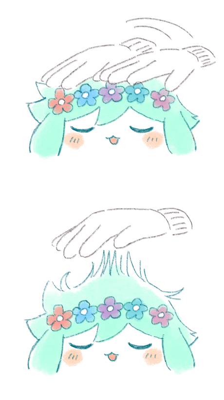 basil_(headspace)_(omori) basil_(omori) blush closed_eyes disembodied_hand flower green_hair head_wreath no_humans omori open_mouth simple_background smile static_electricity sun_iiinu white_background