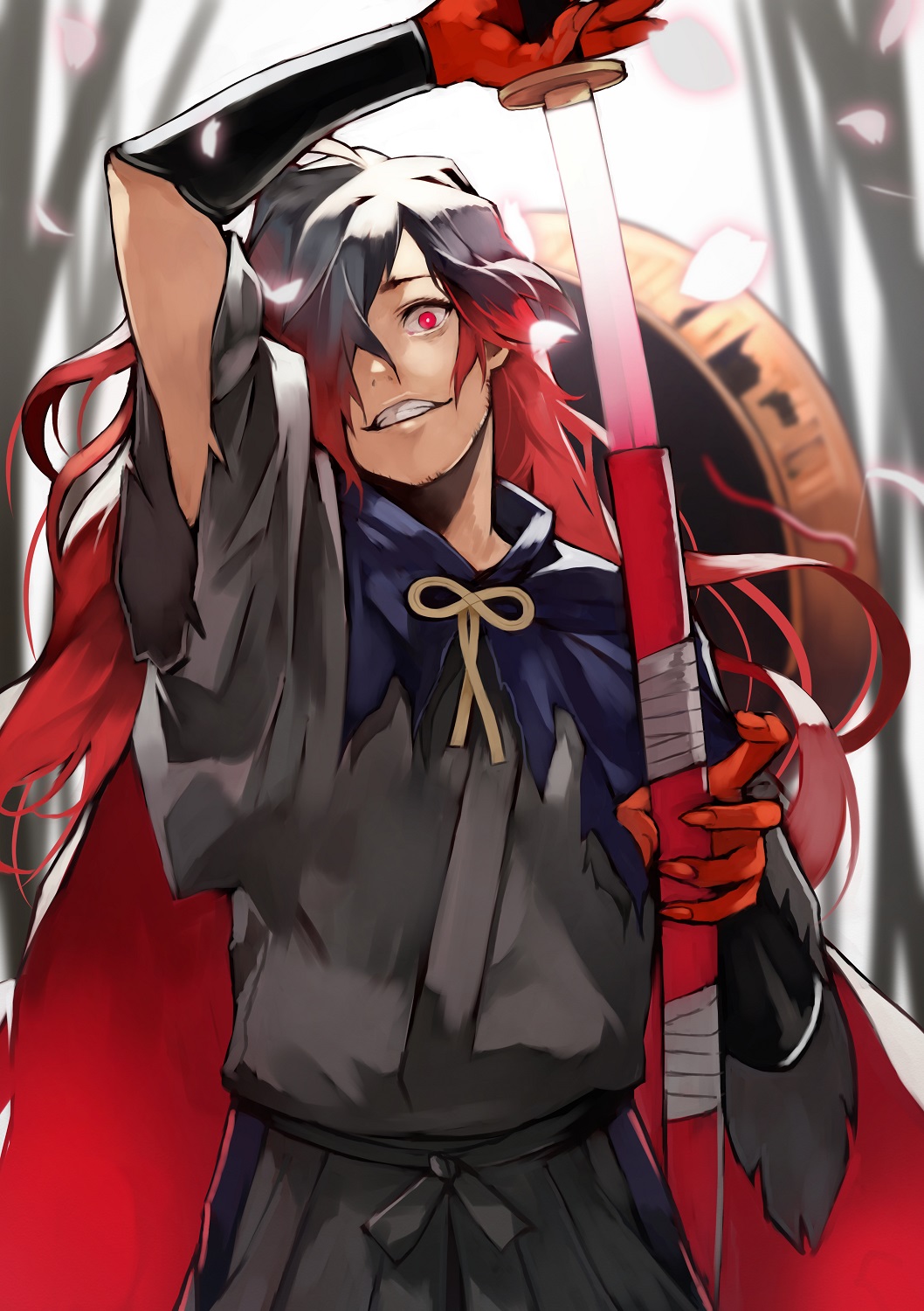 1boy alternate_hair_color alternate_hairstyle bamboo black_hair cloak detached_sleeves drawing_sword facial_hair fate/grand_order fate_(series) gloves hair_over_one_eye hat highres holding holding_sword holding_weapon japanese_clothes katana kimono koha-ace long_hair looking_at_viewer male_focus okada_izou_(fate) okada_izou_(second_ascension)_(fate) red_eyes red_hair sandogasa scarf short_sleeves smile solo stubble sword upper_body weapon yoshio_(55level)