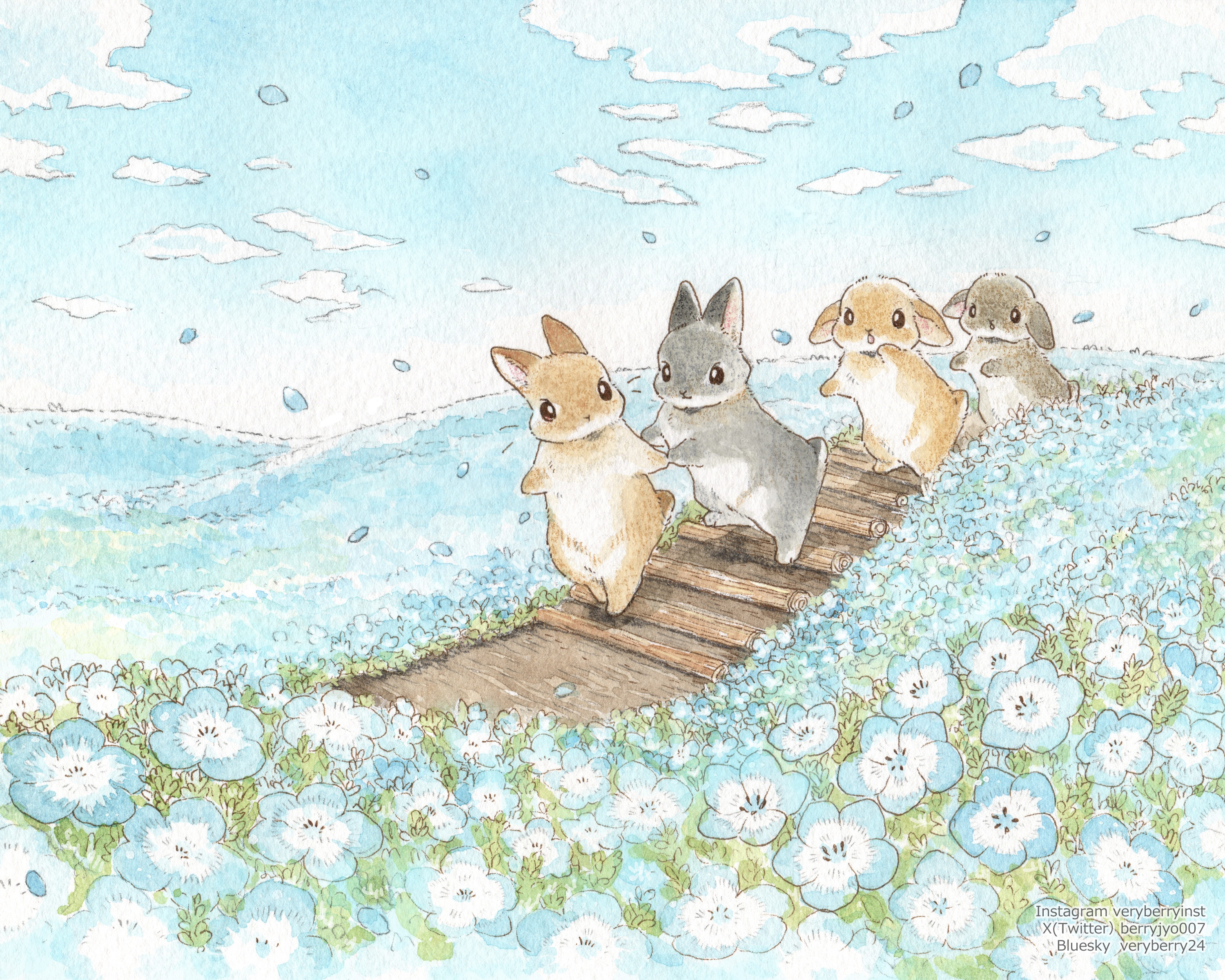 absurdres animal animal_focus art_program_in_frame artist_name berry_jou blue_flower cloud cloudy_sky commentary_request day falling_petals field flower flower_field highres nemophila_(flower) no_humans original path petals rabbit road sky traditional_media