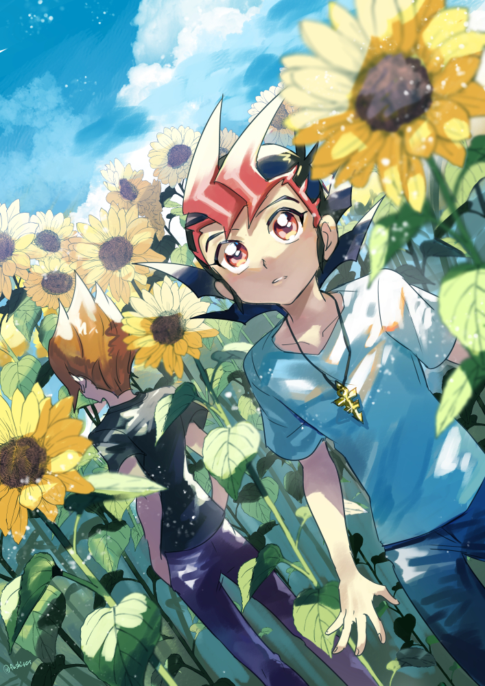 2boys black_hair black_shirt blue_pants blue_sky brown_hair collarbone field flower flower_field fushitasu jewelry light_particles male_focus multiple_boys necklace outdoors pants parted_lips red_eyes shirt short_hair short_sleeves sky spiked summer sunflower sunflower_field tsukumo_yuma vector_(yu-gi-oh!) white_shirt yu-gi-oh! yu-gi-oh!_zexal