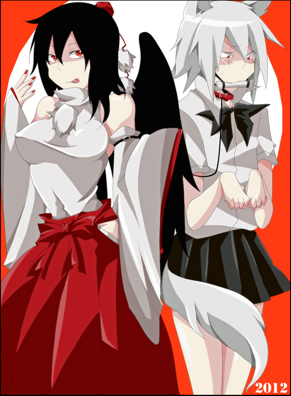 2girls black_hair collar cosplay costume_switch detached_sleeves female_focus gag gagged grey_hair highres inubashiri_momiji multiple_girls nail_polish red_eyes rui_(hershe) shameimaru_aya touhou wings