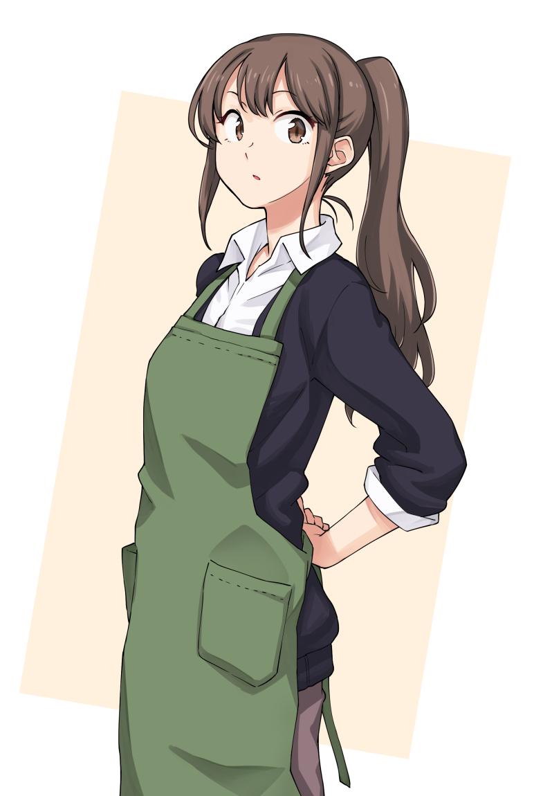 1girl apron arms_behind_back aya_shachou brown_eyes brown_hair character_request female_focus long_hair looking_at_viewer okujou_no_yurirei-san ponytail solo standing toomi_yuna tying