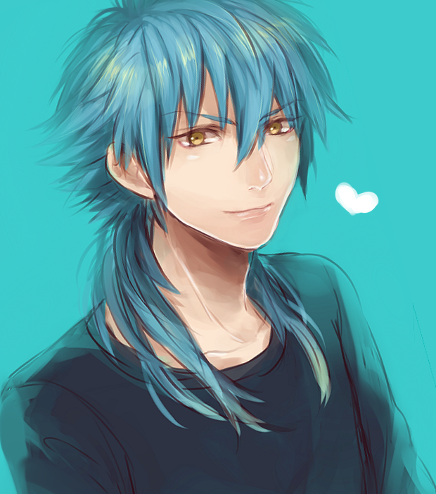 10s 1boy bad_id bad_pixiv_id blue_background blue_hair dramatical_murder heart long_hair male_focus seragaki_aoba smile solo yellow_eyes yuta_arata