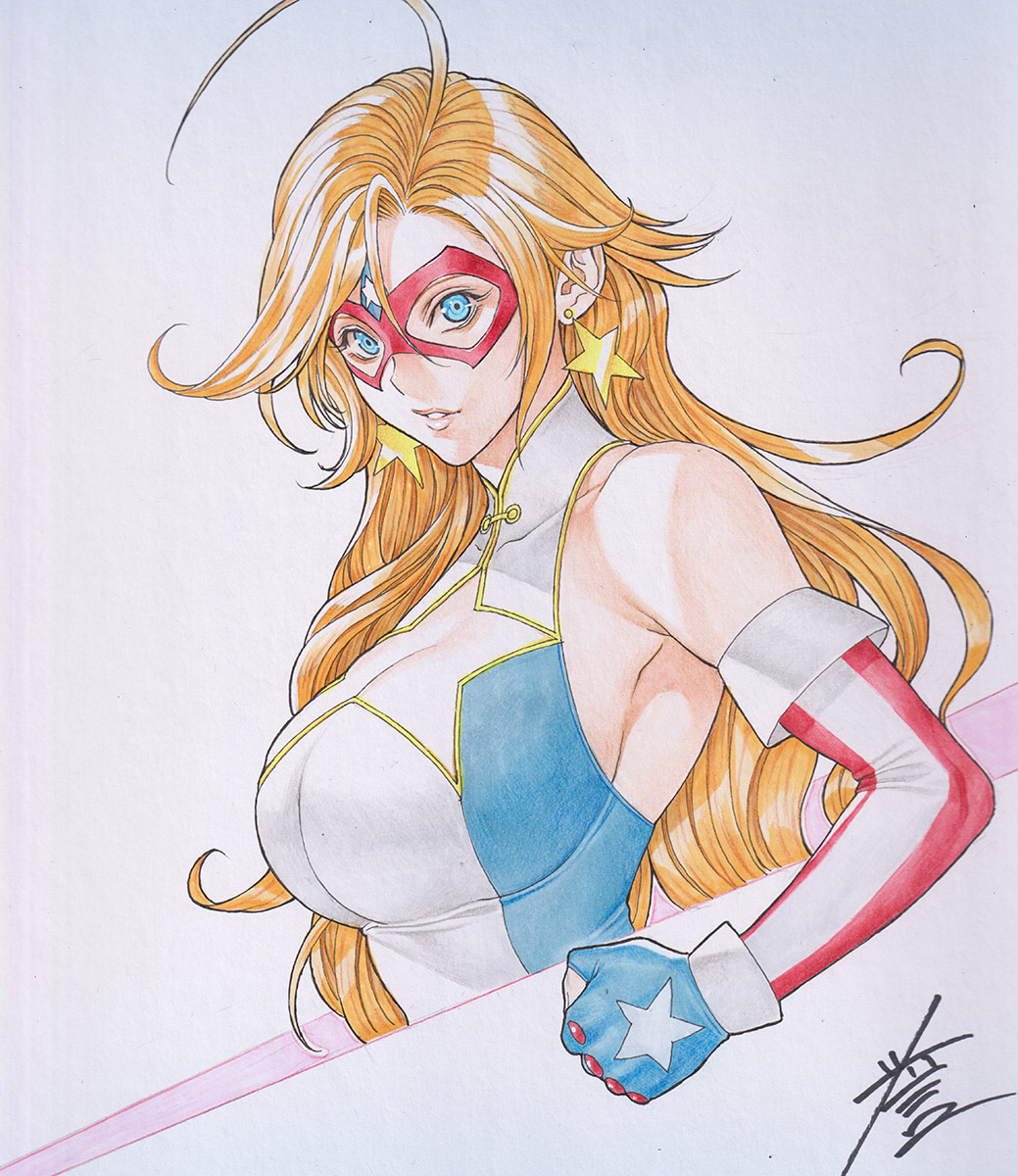 1girl ahoge american_flag american_flag_print blonde_hair blue_eyes breasts cleavage clothing_cutout domino_mask earrings elbow_gloves eye_mask fingerless_gloves flag_print gloves highres homare_(fool&#039;s_art) jewelry kamen_america kamen_america_(comic) large_breasts leotard long_hair looking_at_viewer made_in_2024 mask open_mouth smile solo star_(symbol) star_cutout star_earrings superhero_costume traditional_media