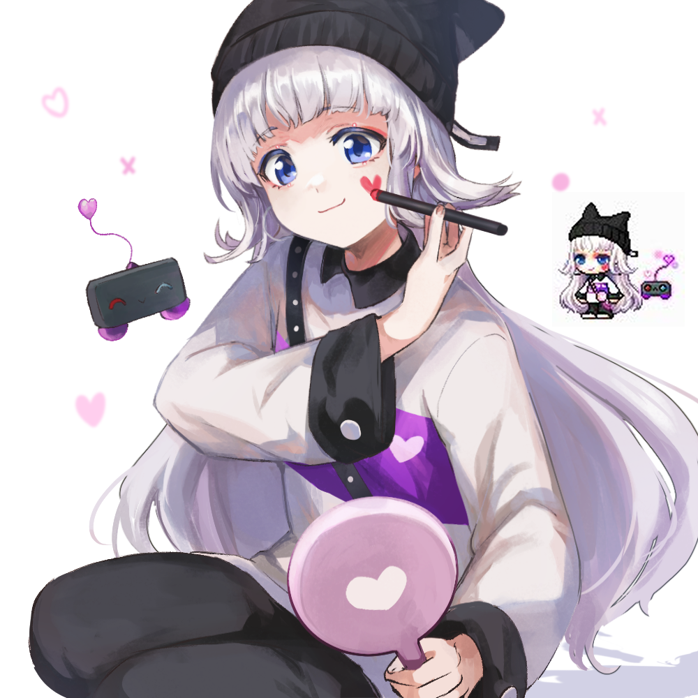 1girl animal_ears animal_hat beanie black_hat black_pants blue_eyes character_request closed_mouth collared_shirt facial_mark fake_animal_ears grey_hair hand_mirror hat heart holding leafwow long_hair long_sleeves maplestory mirror pants reference_inset shirt simple_background smile very_long_hair white_background white_shirt wide_sleeves