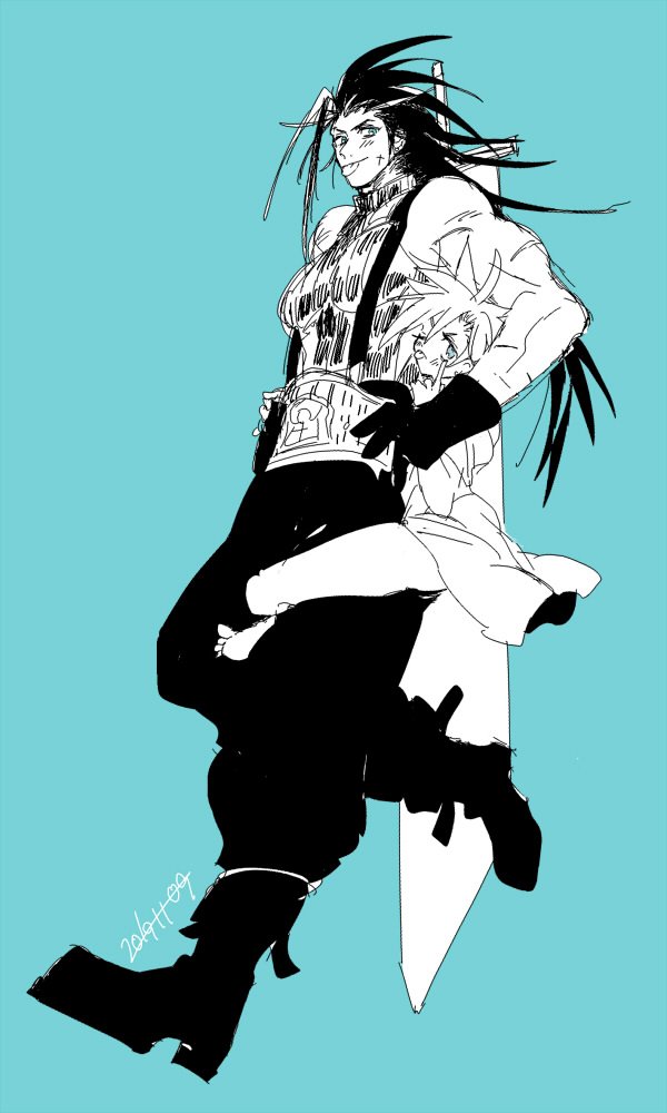 2boys blush buster_sword carrying cloud_strife commentary_request cross_scar dated facial_scar final_fantasy final_fantasy_vii gloves hair_slicked_back long_hair male_focus multiple_boys piggyback scar scar_on_cheek scar_on_face shirt short_hair sleeveless sleeveless_turtleneck smile spiked_hair tongue tongue_out turtleneck yaoi zack_fair zc_furuya