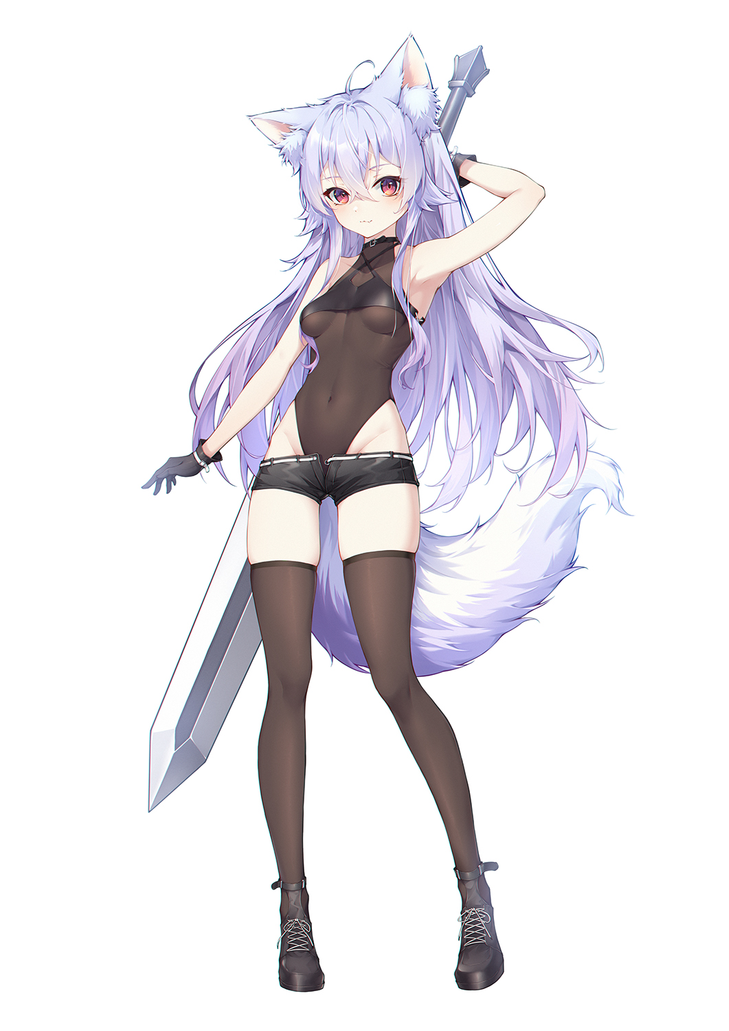 1girl :3 ahoge animal_ear_fluff animal_ears arm_behind_head arm_up armpits bare_arms bare_shoulders bikini bikini_top_only black_bikini black_choker black_gloves black_shorts bodysuit breasts brown_bodysuit brown_leotard brown_thighhighs choker claymore_(sword) closed_mouth covered_navel criss-cross_halter cross-laced_footwear fang full_body ge_zhong_kuaile gloves halterneck highleg highleg_leotard highres holding holding_sword holding_weapon leotard long_hair looking_at_viewer micro_shorts open_fly original red_eyes shoes shorts skindentation small_breasts smile solo standing string_bikini swimsuit sword tachi-e tail thighhighs thighs very_long_hair weapon white_hair wolf_ears wolf_girl wolf_tail