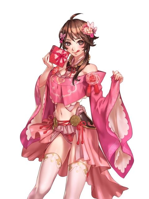 1girl :q ahoge artist_request bare_shoulders blush box breasts brown_eyes brown_hair capcom cleavage female_focus flower gift gift_box hair_flower hair_ornament japanese_clothes large_breasts licking_lips midriff navel official_art ohatsu_(onimusha) onimusha onimusha_soul panties short_hair simple_background solo thighhighs tongue tongue_out underwear white_background white_thighhighs wide_sleeves