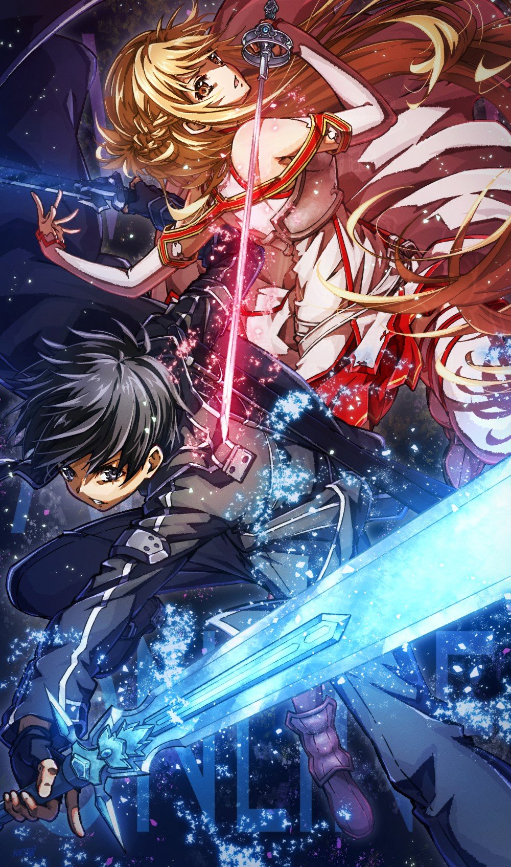 1boy 1girl asuna_(sao) black_eyes black_hair highres kirito oboro_neko orange_eyes orange_hair request_inset sword sword_art_online weapon