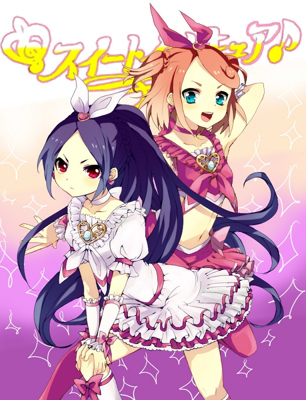 2girls choker cosplay cure_melody cure_melody_(cosplay) cure_rhythm cure_rhythm_(cosplay) hasuike_an inazuma_eleven inazuma_eleven_(series) kuzumiya_yuyu long_hair magical_girl midriff multiple_girls navel pink_hair precure purple_hair ribbon short_hair skirt suite_precure thighhighs touchi_ai white_choker