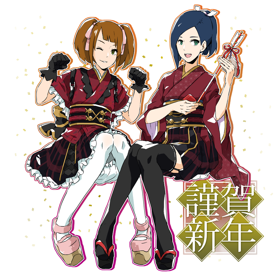 2girls arrow_(projectile) bell_(e.x._troopers) blue_hair brown_hair capcom e.x._troopers gloves green_eyes hair_ornament japanese_clothes kana_toco lost_planet multiple_girls obi one_eye_closed plaid_clothes plaid_skirt platform_footwear ponytail saju_(e.x._troopers) sash skirt smile thighhighs twintails wink