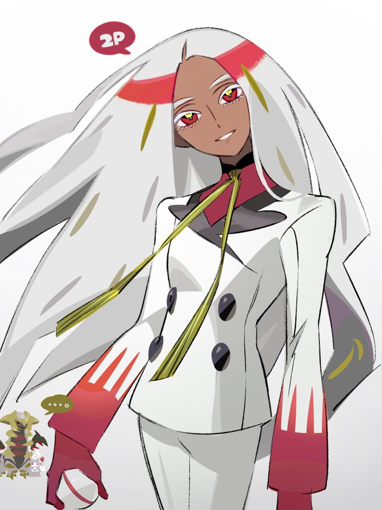 ... 1girl alcremie blonde_hair colored_eyelashes cowboy_shot dark-skinned_female dark_skin geeta_(pokemon) gen_4_pokemon gen_8_pokemon giratina gloves head_tilt holding jacket legendary_pokemon logi_bunbukucha long_hair long_sleeves looking_at_viewer multicolored_hair necktie nintendo open_mouth pants pokemon pokemon_(creature) pokemon_sv red_eyes red_gloves red_hair simple_background smile solo speech_bubble spoken_ellipsis standing very_long_hair white_background white_hair white_jacket white_pants yellow_necktie