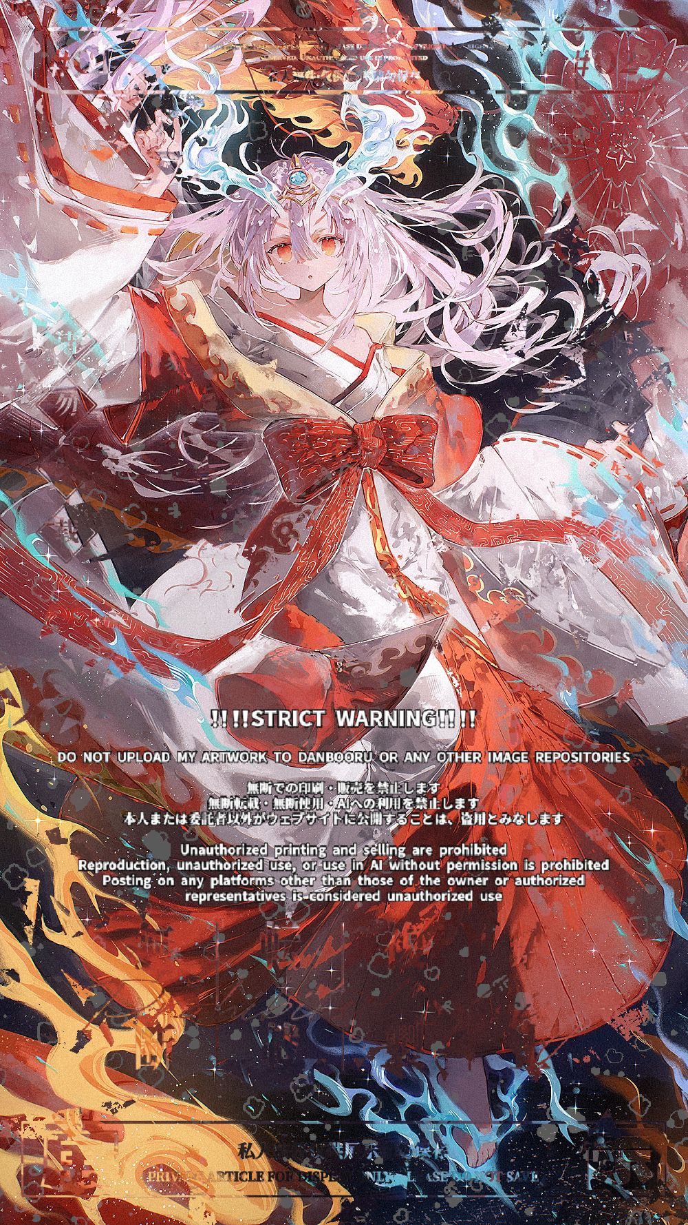 1girl bare_shoulders blue_fire burning_clothes dragon dragon_background duel_monster eastern_dragon fire flaming_foot flaming_horns hair_between_eyes hair_between_horns hair_ornament highres japanese_clothes kimono kurikara_divincarnate long_hair nontraditional_miko red_eyes sleeveless sleeveless_kimono solo white_hair wide_sleeves y6882100033 yu-gi-oh! yu-gi-oh!_master_duel