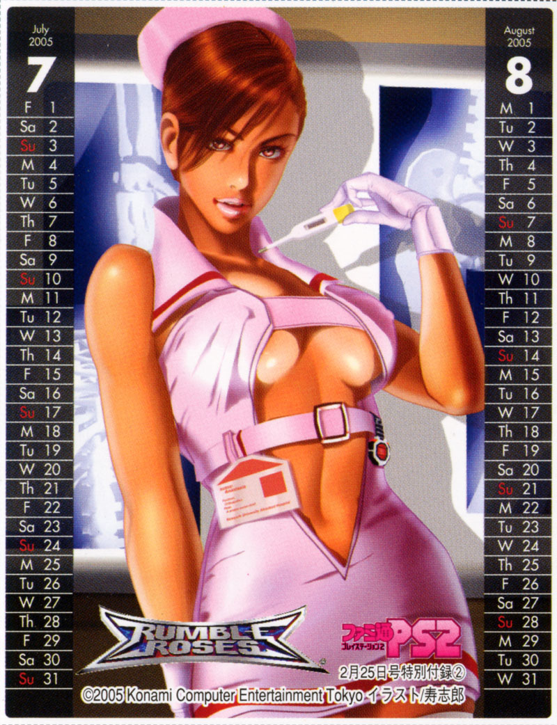 00s 1girl 2005 anesthesia anesthesia_(rumble_roses) august bare_shoulders belt border breasts brown_eyes brown_hair calendar center_opening cleavage collar company_name contrapposto copyright_name cowboy_shot dark-skinned_female dark_skin dress female_focus gloves hat july kotobuki_shiro linea_alba lips lipstick looking_at_viewer makeup medium_breasts miniskirt no_bra nurse nurse_cap parted_lips pink_dress pink_gloves pink_lips red_hair rumble_roses scan short_dress short_hair skirt sleeveless sleeveless_dress solo standing swept_bangs thermometer thighhighs watch white_border x-ray_film