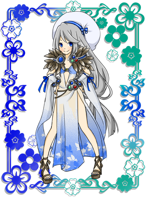 1girl blue_background blue_dress blue_eyes blue_nails blush brown_sandals closed_mouth commentary_request detached_sleeves dress flat_chest floral_border full_body gradient_clothes gradient_dress grey_hair hat long_hair looking_at_viewer meiko_(nattu303) nail_polish ragnarok_online sandals see-through_clothes see-through_dress side_slit sleeveless sleeveless_dress smile solo sorcerer_(ragnarok_online) standing tam_(ragnarok_online) toenail_polish toenails very_long_hair white_background white_dress white_hat white_sleeves