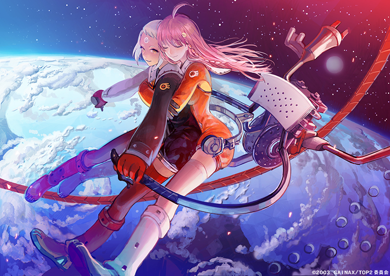 00s 2003 2girls ahoge braid dated earth_(planet) gainaxtop hug hug_from_behind lal&#039;c_mellk_mal long_hair multiple_girls nono_(top_wo_nerae_2!) official_art pink_hair planet short_hair space star_(sky) thighhighs top_wo_nerae!_(series) top_wo_nerae_2! white_hair yuri