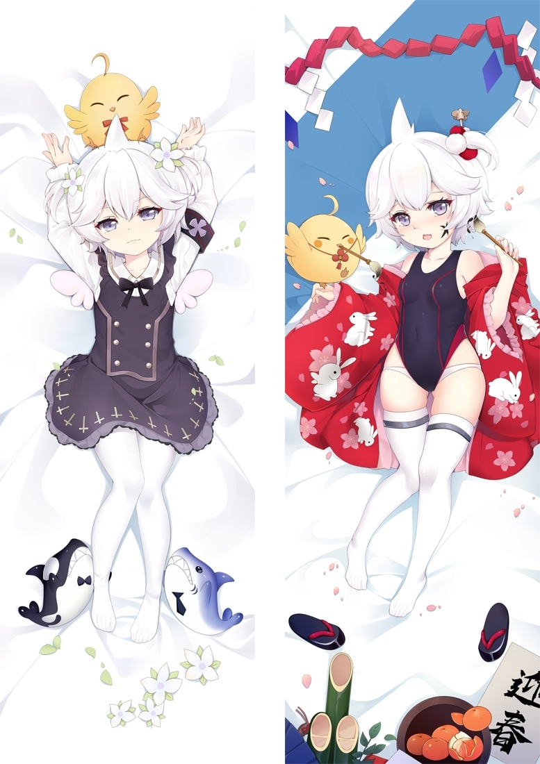 1girl ahoge azur_lane bed black_bow black_bowtie black_dress black_eyes black_one-piece_swimsuit bow bowtie closed_eyes dakimakura_(medium) dress flip-flops flower from_above full_body hair_flower hair_ornament holding holding_brush japanese_clothes kimono long_sleeves looking_at_viewer lying manjuu_(azur_lane) moeanime multiple_views no_shoes on_back one-piece_swimsuit open_mouth pinafore_dress red_kimono sandals shirt short_hair sleeveless_dress swimsuit thighhighs u-110_(a_cute_sharky_reverie)_(azur_lane) u-110_(azur_lane) u-110_(kleiner_hai)_(azur_lane) white_flower white_hair white_shirt white_thighhighs