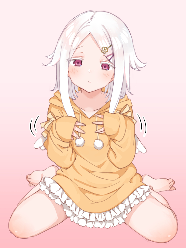 1girl animal_hood barefoot chick_costume commentary_request flat_chest full_body hair_ornament hairclip hood hood_down hoodie long_hair looking_down mankai_kaika original pink_eyes sitting solo wariza white_hair