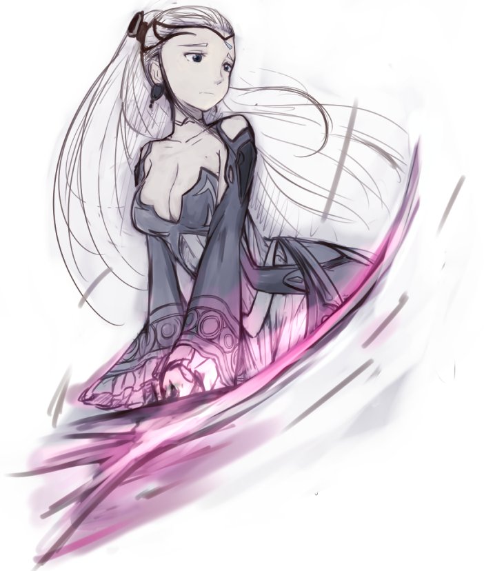 1girl black_tiara blackma_(pagus0012) blue_eyes breasts choker cleavage eir_(fire_emblem) fire_emblem fire_emblem_heroes grey_hair long_hair nintendo pale_skin ponytail solo tiara very_long_hair