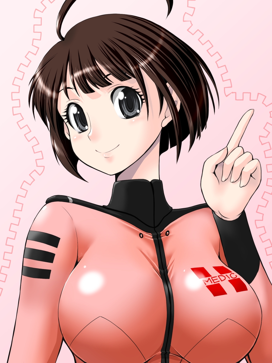 10s 1girl ahoge black_eyes breasts brown_hair female_focus harada_makoto highres large_breasts portrait short_hair smile solo uchuu_senkan_yamato uchuu_senkan_yamato_2199 uniform upper_body yaso_shigeru