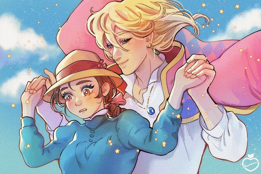 1boy 1girl blonde_hair blue_dress blue_eyes braid braided_ponytail breasts brown_eyes brown_hair commentary derivative_work dress earrings english_commentary hand_grab howl_no_ugoku_shiro howl_pendragon jacket jacket_on_shoulders jewelry juliet_sleeves long_sleeves medium_breasts munrou puffy_sleeves screenshot_redraw shirt smile sophie_hatter watermark white_shirt
