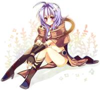 1girl ahoge bad_id black_boots black_gloves boots brown_capelet capelet closed_mouth expressionless fingerless_gloves full_body gloves itou_izumo long_hair looking_at_viewer lowres purple_eyes purple_hair ragnarok_online sage_(ragnarok_online) solo white_background