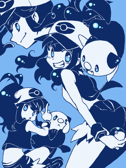 10s 1girl baseball_cap blue_background blue_theme denim denim_shorts gen_5_pokemon hat hilda_(pokemon) mariemon monochrome nintendo oshawott pokemon pokemon_(creature) pokemon_bw ponytail shorts tegaki