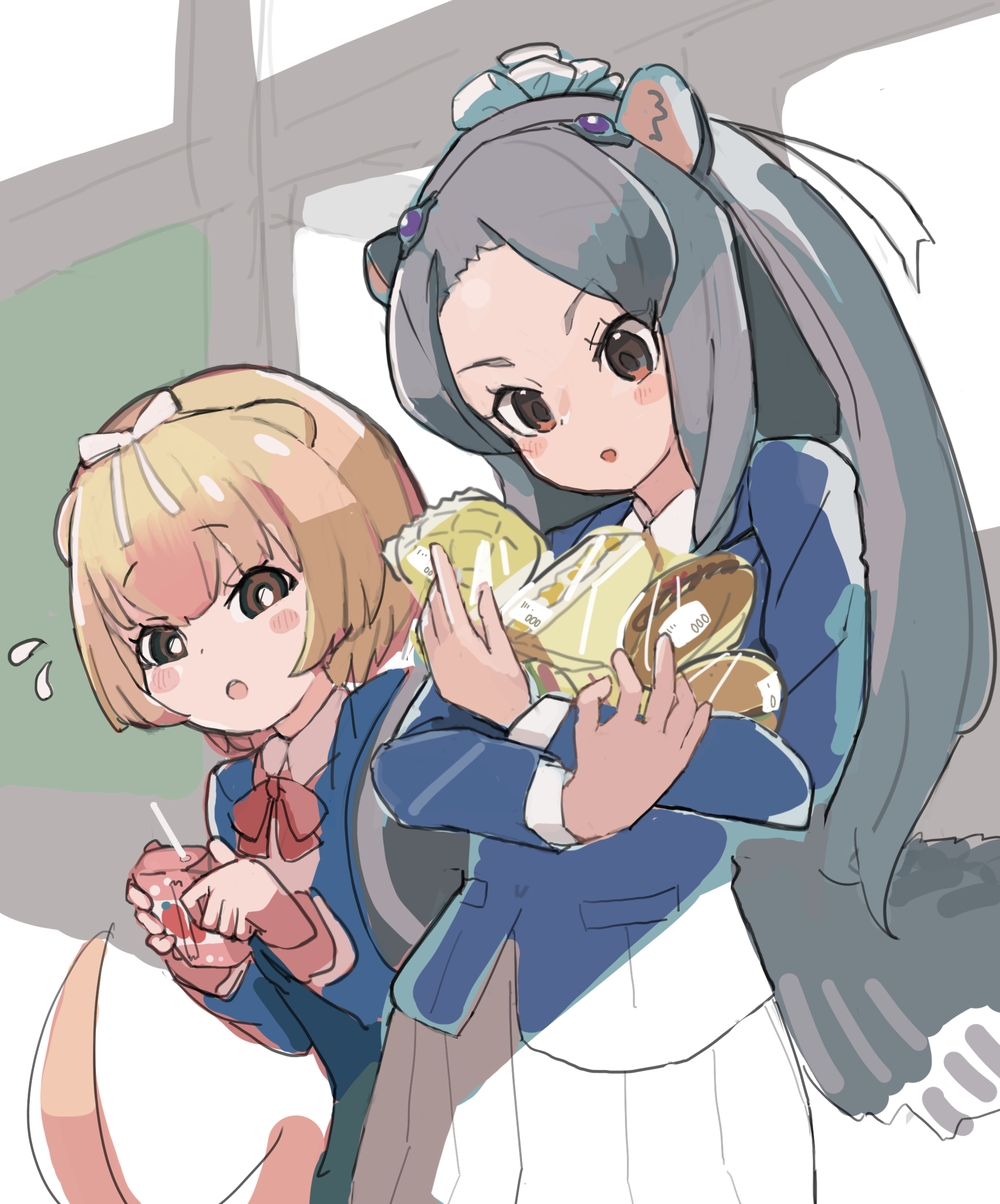 2girls animal_ears anteater_ears anteater_tail blazer bow bowtie brown_eyes brown_hair extra_ears food giant_anteater_(kemono_friends) grey_hair hair_ornament highres jacket kemono_friends kunikuni_(kunihiro2005) long_hair multiple_girls ribbon school_uniform shirt short_hair silky_anteater_(kemono_friends) simple_background skirt tail