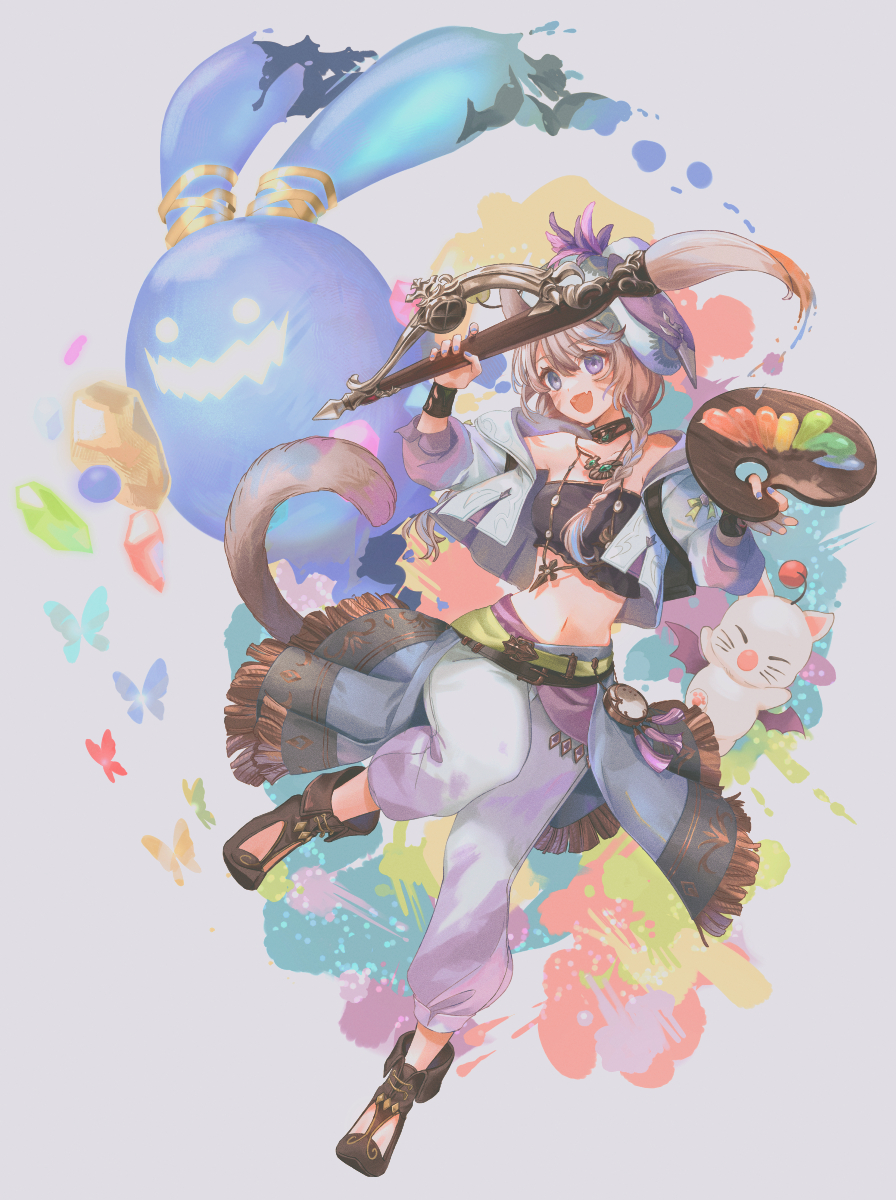 1girl animal_ears bandeau black_bandeau blue_eyes braid brown_hair cat_ears cat_girl cat_tail choker cropped_jacket facial_mark final_fantasy final_fantasy_xiv hat highres holding holding_paint_palette holding_paintbrush holding_paint_palette jacket jewelry lunica midriff miqo&#039;te moogle navel necklace open_mouth paint paint_palette paintbrush paint_palette pants pictomancer_(final_fantasy) single_braid spriggan_(final_fantasy) tail warrior_of_light_(ff14) whisker_markings white_jacket white_pants