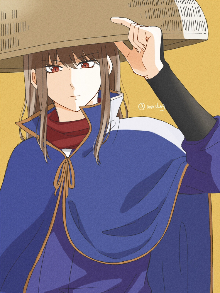 1girl adjusting_clothes adjusting_headwear aomskng blue_cloak brown_eyes brown_hair cloak closed_mouth eyelashes gintama hat long_hair long_sleeves mutsu_(gintama) sandogasa serious simple_background solo twitter_username yellow_background