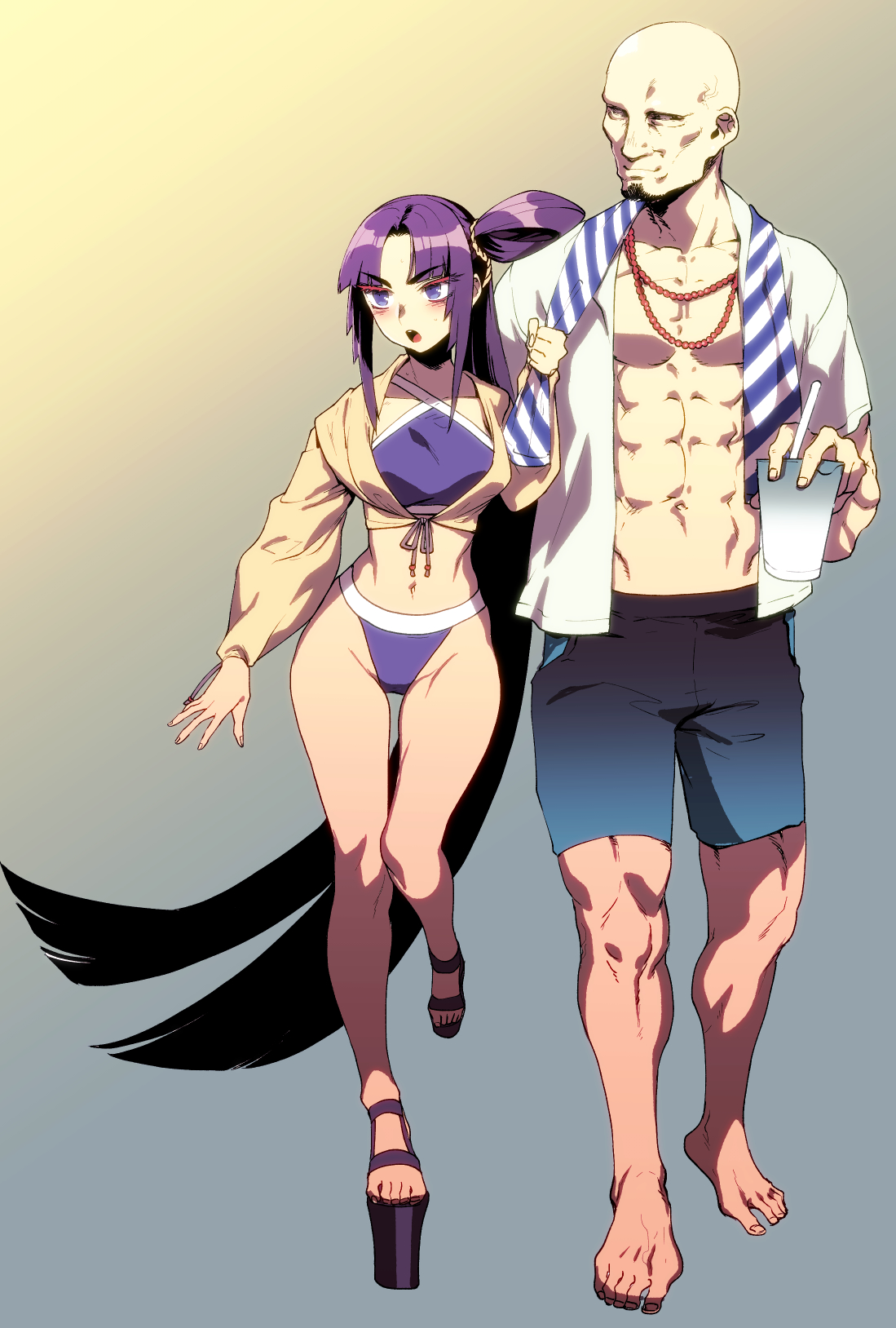 1boy 1girl abs absurdly_long_hair bad_id bad_pixiv_id bald barefoot bikini black_sclera blue_eyes blush breasts colored_sclera couple cup disposable_cup facial_hair fate/grand_order fate_(series) forehead front-tie_top geta goatee hair_bun height_difference hetero highres jewelry long_hair long_sleeves medium_breasts musashibou_benkei_(fate) muscular navel necklace open_clothes open_shirt pearl_necklace purple_bikini purple_eyes rokkotsu shorts side_bun side_ponytail single_side_bun single_strap swimsuit tengu-geta thigh_gap towel towel_around_neck ushiwakamaru_(fate) ushiwakamaru_(swimsuit_assassin)_(fate) ushiwakamaru_(swimsuit_assassin)_(first_ascension)_(fate) very_long_hair walking