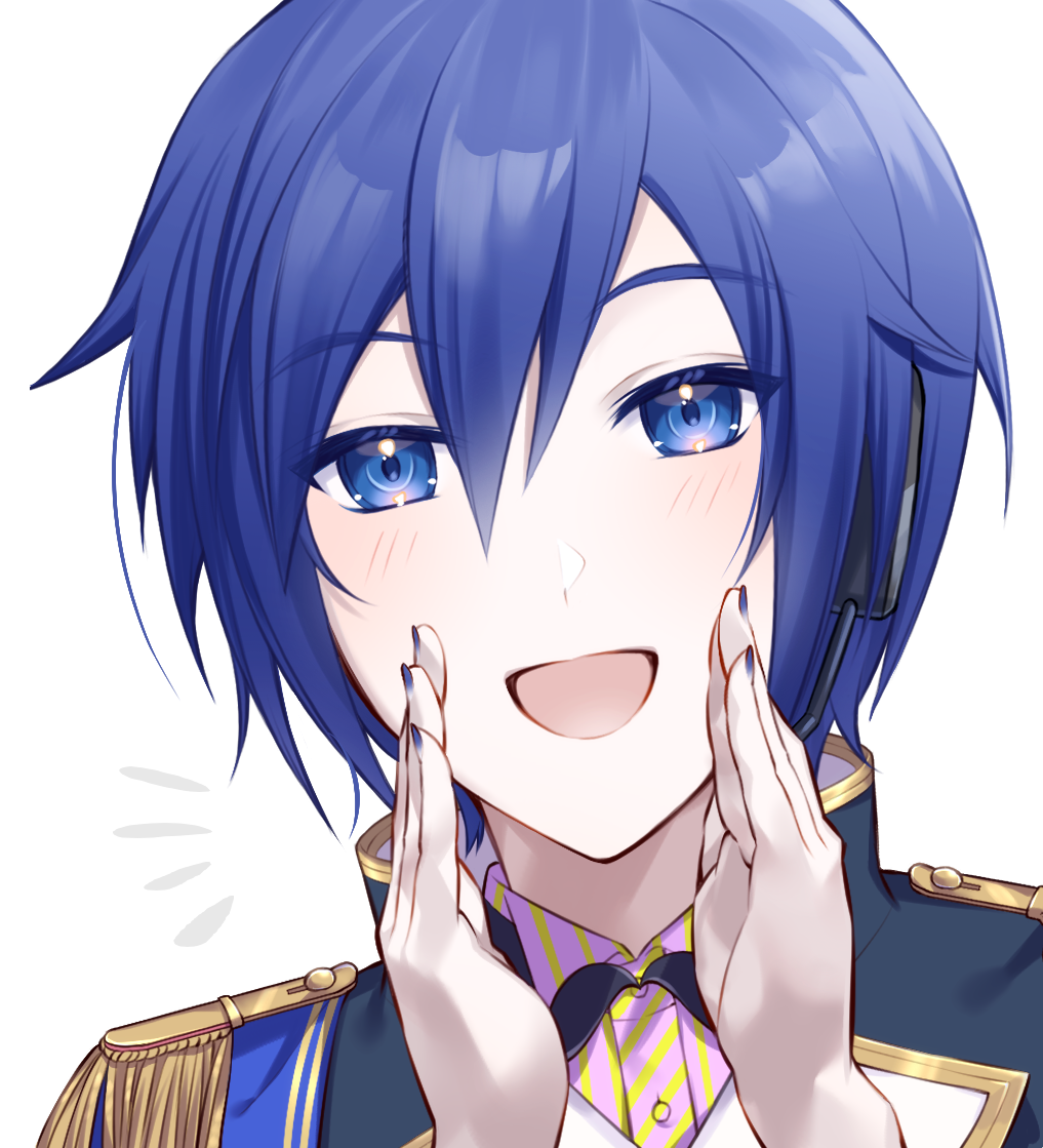 1boy blue_eyes blue_hair blue_nails blush collared_jacket cupping_hands hair_between_eyes hands_up headset jacket kaito_(vocaloid) looking_at_viewer male_focus open_mouth own_hands_together portrait project_sekai rotto3 short_hair solo vocaloid white_background wonderlands_x_showtime_kaito