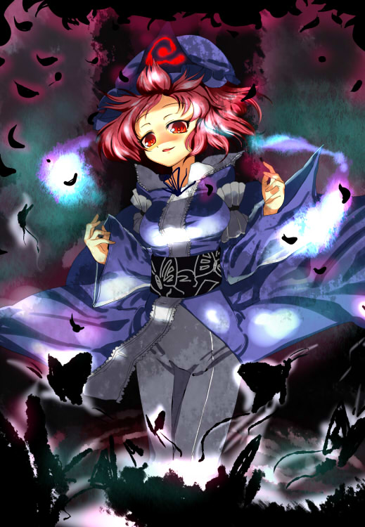 1girl bug butterfly female_focus hat bug nickq pink_hair red_eyes saigyouji_yuyuko short_hair solo touhou