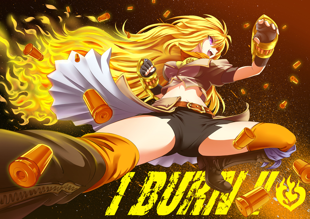 1girl belt black_gloves black_shorts blonde_hair boots breasts brown_top bullet clenched_hand english_text female_focus fiery_hair fingerless_gloves fire gauntlets gloves hijikawa_arashi large_breasts long_hair midriff neckerchief open_mouth orange_neckerchief purple_eyes rwby shorts solo text_focus thighhighs vest waistcoat weapon yang_xiao_long yellow_gauntlets
