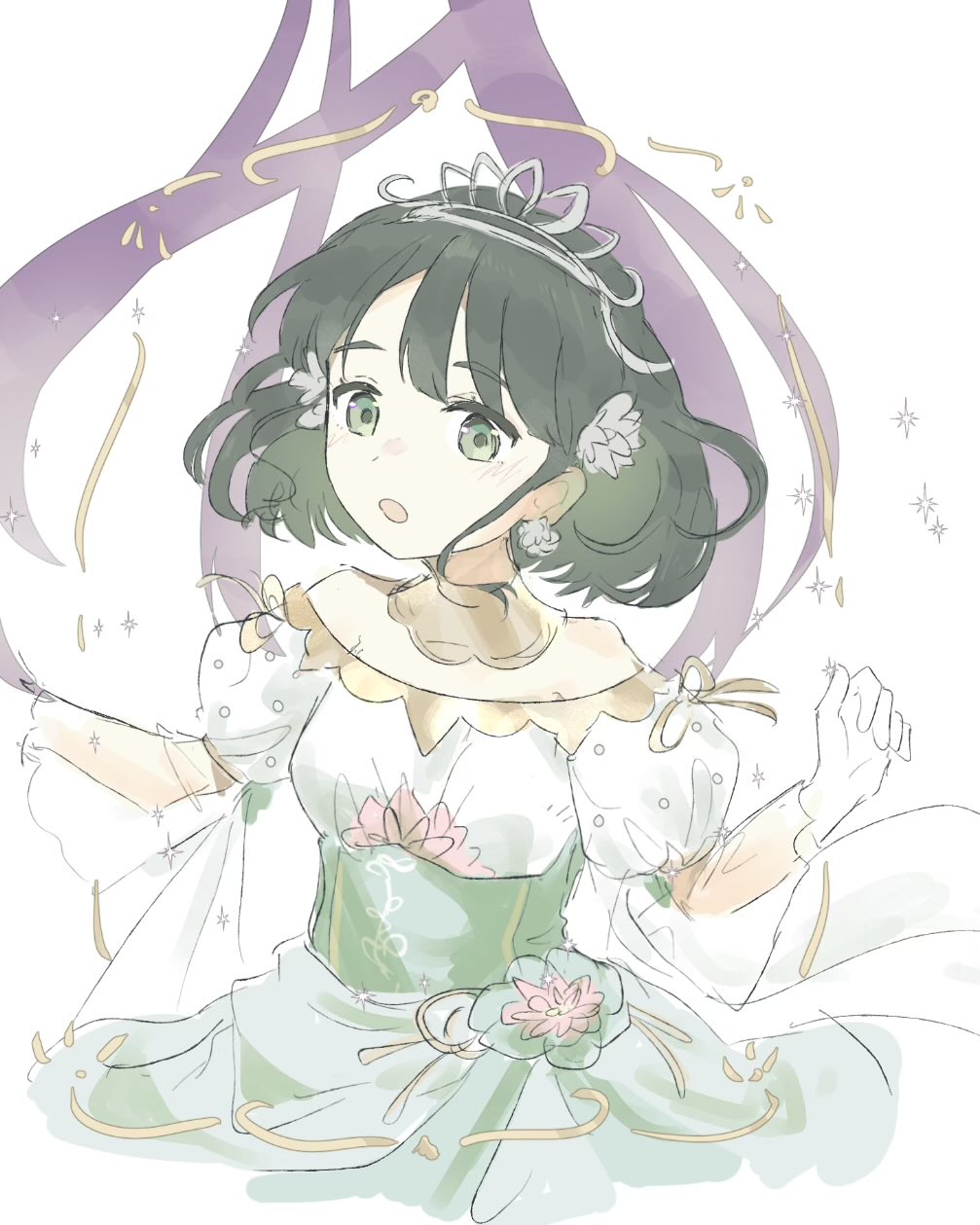 1girl :o black_hair blunt_bangs blush bob_cut churhami dress flower gloves green_dress green_eyes hair_flower hair_ornament highres link!_like!_love_live! looking_at_viewer lotus love_live! momose_ginko momose_ginko_(kiseki_no_butoukai_(104th)) off-shoulder_dress off_shoulder official_alternate_costume pink_flower puffy_short_sleeves puffy_sleeves short_hair short_sleeves silver_tiara solo tiara virtual_youtuber white_background white_gloves