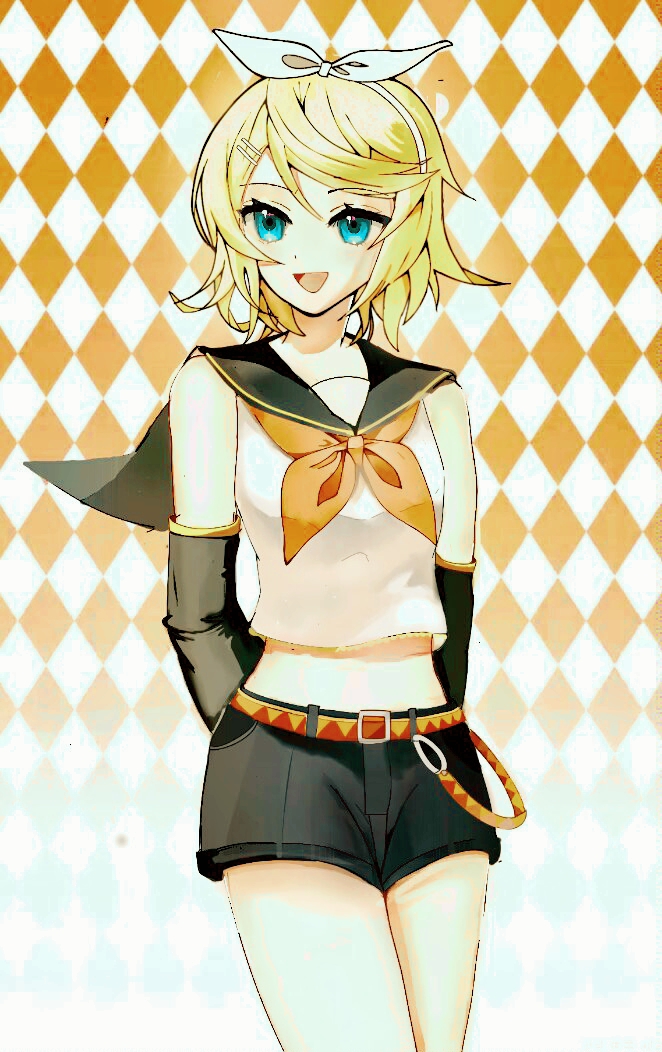 1girl :d argyle_background arms_behind_back bare_shoulders belt belt_buckle black_sailor_collar black_shorts black_sleeves blonde_hair blue_eyes buckle chinese_commentary commentary_request crop_top cropped_shirt detached_sleeves gradient_background hair_ornament hairband hairclip kagamine_rin long_sleeves looking_to_the_side midriff neckerchief no_navel open_mouth orange_background orange_belt orange_neckerchief sailor_collar shirt short_hair short_shorts shorts sleeveless sleeveless_shirt smile solo two-tone_belt vocaloid white_background white_hairband white_shirt yellow_belt yongyibainianlaiqiming