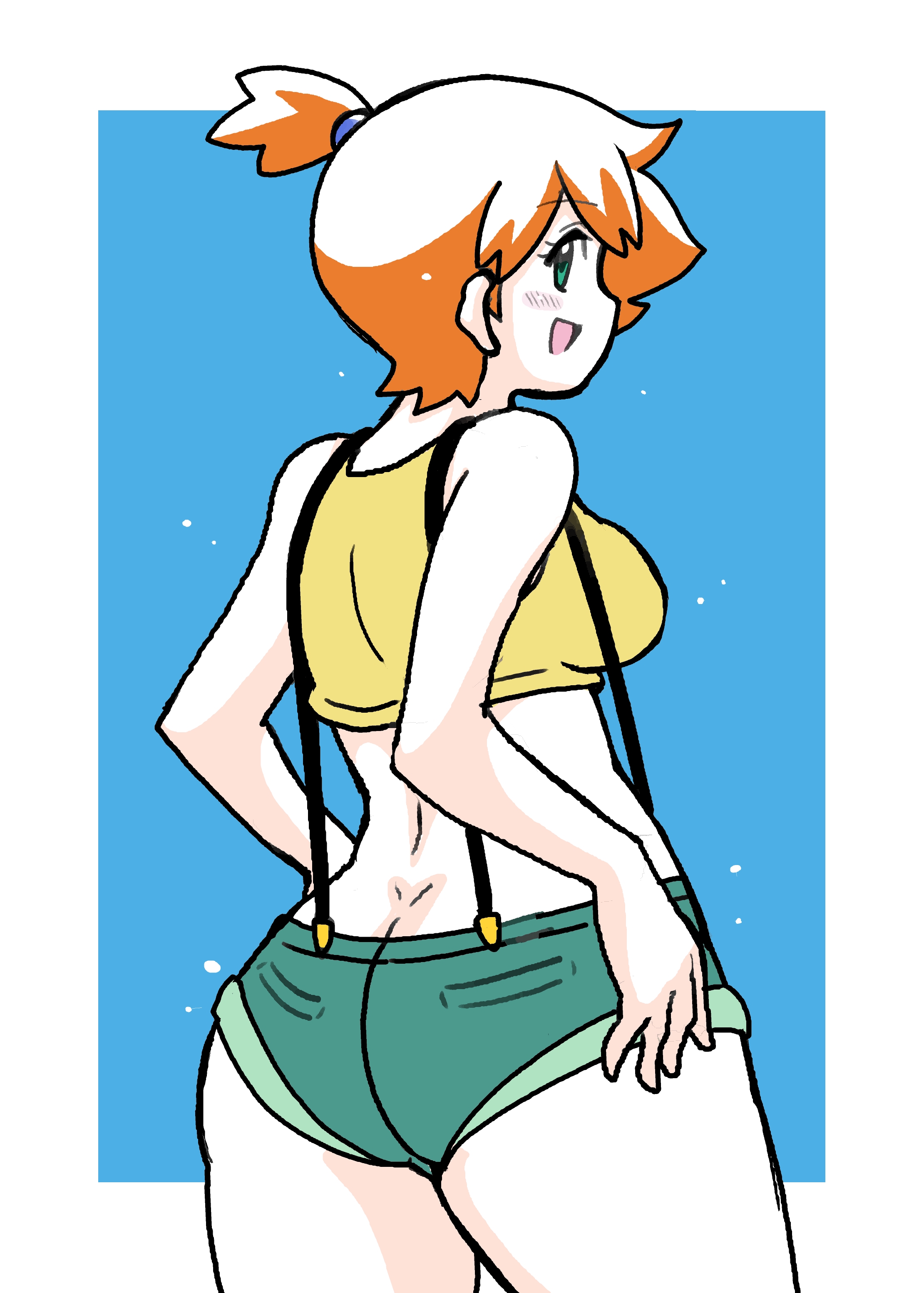 1girl absurdres arm_behind_back ass back bare_arms bare_shoulders blush breasts dated denim denim_shorts female_focus gym_leader hair_tie highres huge_ass koutarosu legs medium_breasts misty_(pokemon) nintendo open_mouth orange_hair pokemon pokemon_(anime) pokemon_(classic_anime) ponytail shirt short shorts simple_background sleeveless solo suspenders tank_top thick_thighs thighs white_background yellow_shirt yellow_tank_top