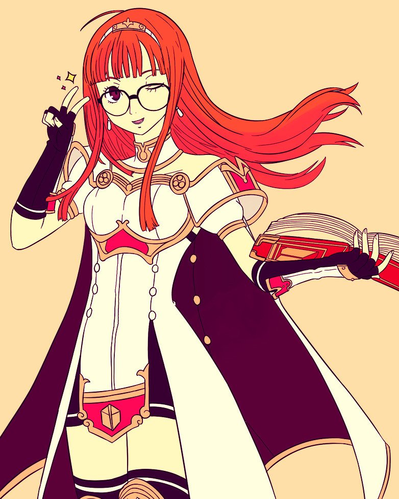1girl atlus book brown_eyes cape celica_(fire_emblem) celica_(fire_emblem)_(cosplay) cosplay erica_lindbeck fingerless_gloves fire_emblem fire_emblem_echoes:_shadows_of_valentia glasses gloves intelligent_systems jake_brito nintendo one_eye_closed open_book orange_hair persona persona_5 sakura_futaba thighhighs tiara truejekart v voice_actor_connection wink