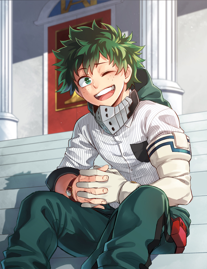 1boy boku_no_hero_academia freckles green_hair lowah midoriya_izuku one_eye_closed open_mouth short_hair sitting