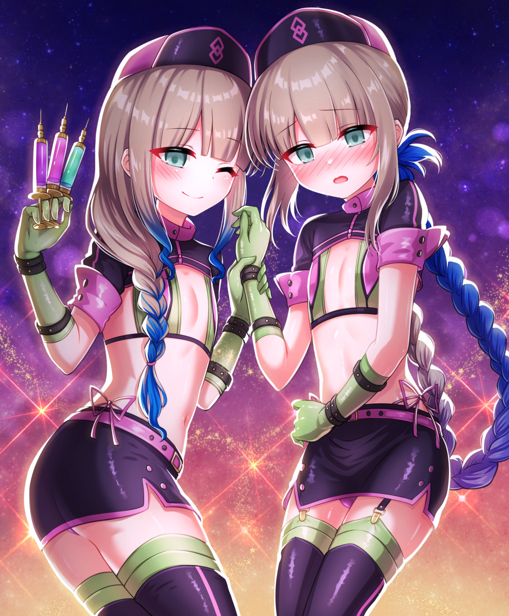 1boy 1girl ass bikini blush captain_nemo_(fate) cosplay fate/grand_order fate_(series) flat_chest florence_nightingale_(fate) florence_nightingale_(trick_or_treatment)_(fate) florence_nightingale_(trick_or_treatment)_(fate)_(cosplay) gloves gradient_hair green_bikini green_gloves green_thighhighs hat highres light_brown_hair long_hair looking_at_viewer multicolored_hair nemo_(fate) nurse_cap nurse_nemo_(fate) one_eye_closed open_mouth shell_ocean shrug_(clothing) smile swimsuit syringe thighhighs