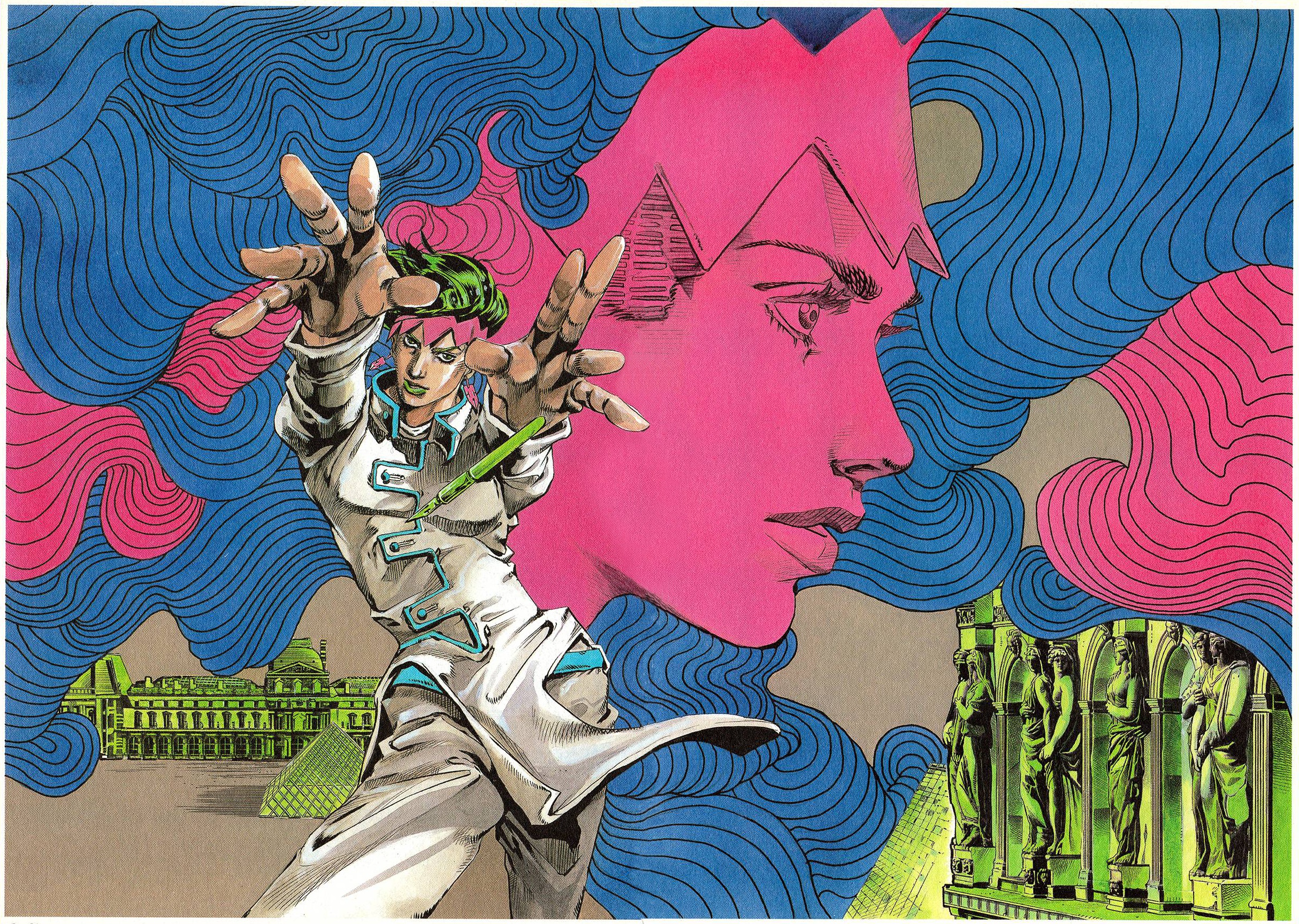 1boy araki_hirohiko coat diamond_wa_kudakenai earrings green_hair green_lips grey_coat hatching_(texture) headband high_collar highres jewelry jojo_no_kimyou_na_bouken jojo_pose kishibe_rohan kishibe_rohan_ruuvuru_e_iku louvre_pyramid makeup male_focus nib_pen_(object) non-web_source official_art parted_lips pelvic_curtain pen pink_headband pink_theme projected_inset standing statue traditional_media