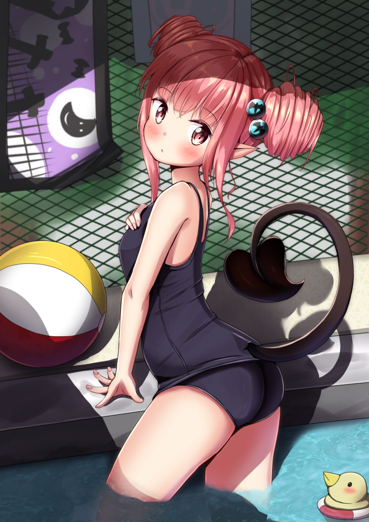 1girl :c animal_print ass ball bat_print beachball blush child demon_girl demon_tail double_bun female_focus fence fingernails hair_bun hair_ornament hand_on_own_chest looking_at_viewer looking_to_the_side mochiyuki one-piece_swimsuit original pink_eyes pink_hair pointy_ears pool rubber_duck school_swimsuit shadow short_hair solo standing swimsuit tail wading water