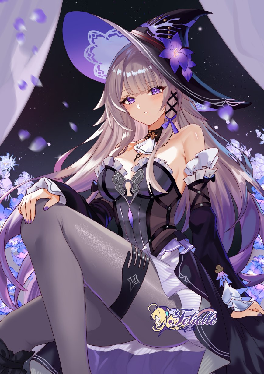 1girl artist_name bare_shoulders black_dress black_hat black_pantyhose black_sleeves blunt_bangs blush breasts commentary detached_sleeves dress falling_petals felielle fingernails hand_on_own_knee hat herta_(honkai:_star_rail) highres honkai:_star_rail honkai_(series) large_breasts long_hair looking_at_viewer nail_polish official_alternate_costume pantyhose parted_lips petals purple_eyes purple_hair purple_nails sitting solo strapless strapless_dress the_herta_(honkai:_star_rail) very_long_hair witch_hat