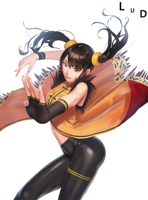 black_hair fingerless_gloves gloves ling_xiaoyu long_hair looking_at_viewer lud nail_polish pants sleeveless tekken tight_clothes tight_pants twintails