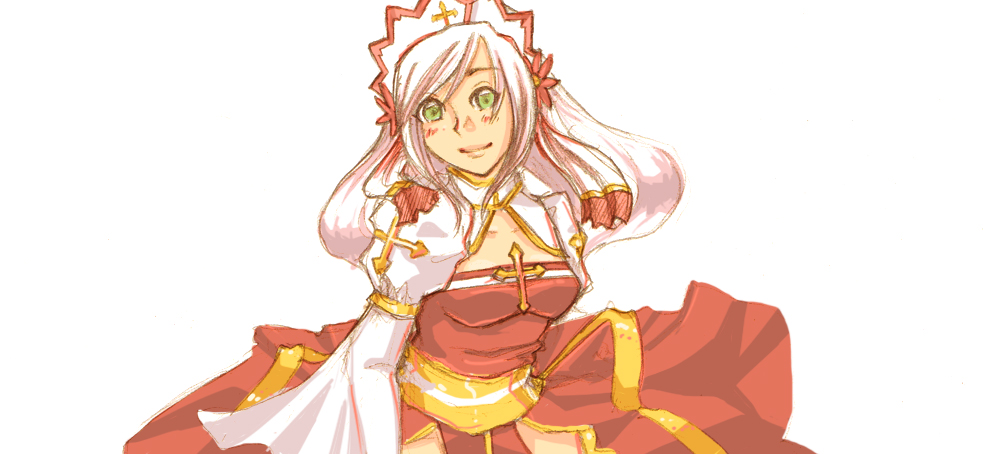 1girl arch_bishop_(ragnarok_online) blush breasts cleavage_cutout closed_mouth clothing_cutout commentary cowboy_shot cross dress english_commentary green_eyes headdress juliet_sleeves long_sleeves looking_at_viewer medium_breasts pickacolour puffy_sleeves ragnarok_online red_dress sash simple_background smile solo two-tone_dress white_background white_dress white_hair yellow_sash