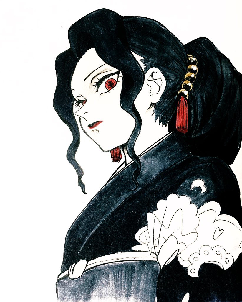 1girl black_hair commentary_request expressionless fuon_shichimi hair_ornament japanese_clothes kibutsuji_muzan kimetsu_no_yaiba kimono looking_at_viewer ponytail red_eyes sidelocks simple_background solo tassel tassel_hair_ornament upper_body white_background