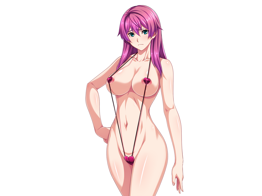 1girl aqua_eyes areola_slip bikini blush breasts cameltoe collarbone covered_erect_nipples cowboy_shot frown game_cg gentle_sasaki hand_on_own_hip large_breasts large_variant_set long_hair looking_at_viewer navel non-web_source official_art pink_hair purple_hair shindou_hatsune slingshot_swimsuit solo soukou_senki_prism_reica swimsuit transparent_background variant_set