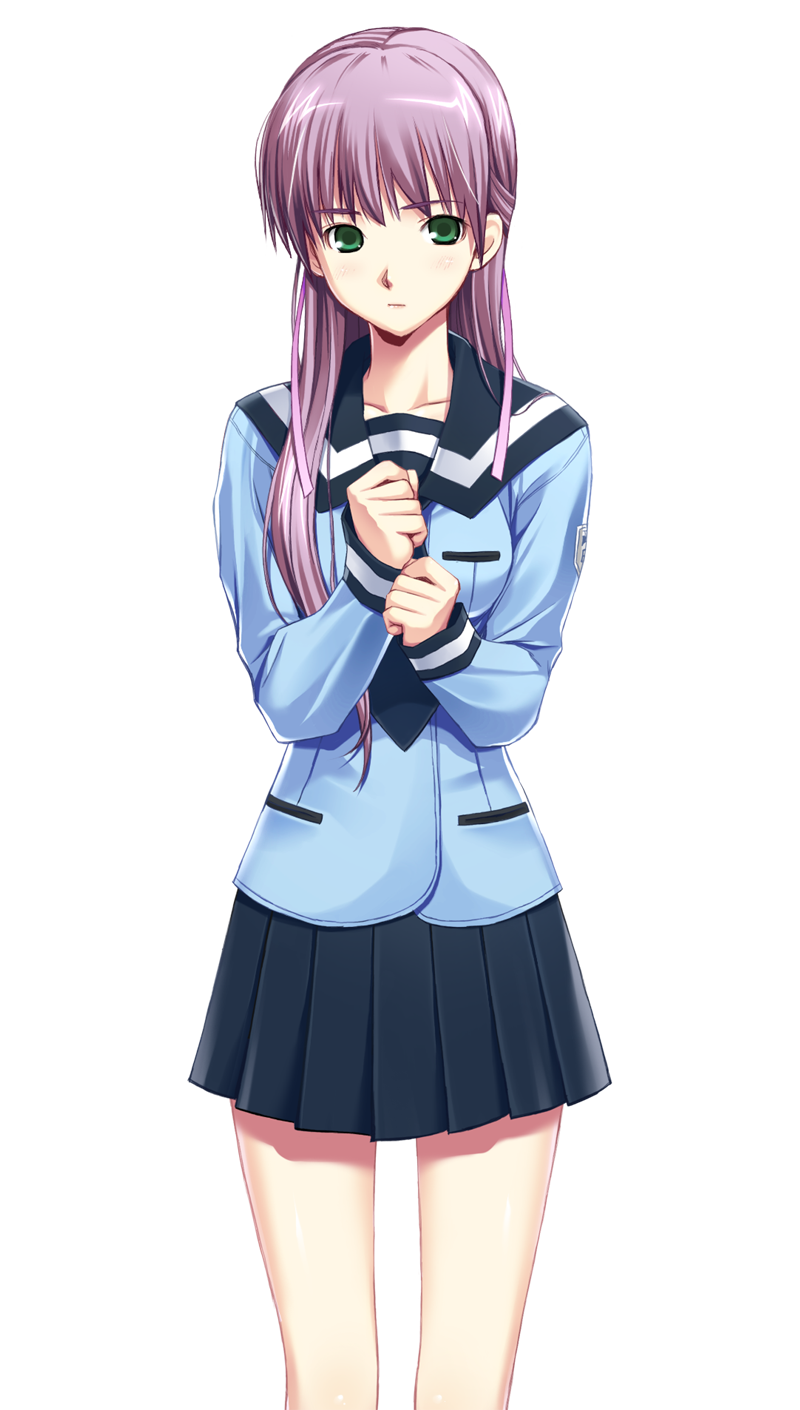 1girl black_skirt blue_shirt collarbone female_focus green_eyes hair_over_shoulder hair_ribbon highres london_inu long_hair looking_at_viewer official_art pleated_skirt purple_hair purple_ribbon ribbon school_uniform shirt skirt solo soushinjutsu_3 standing transparent_background yoshimine_rei